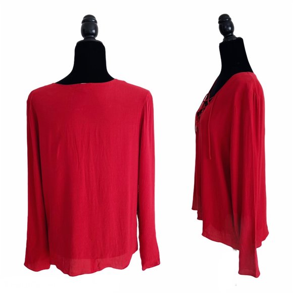 ❤️SOLD NWT Aritzia Wilfred Free Redling Red Tie Lace Neck Long Sleeve Blouse Top - Picture 4 of 13